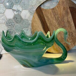 MCM Vintage Murano Style Handblown Glass Swan Bowl/Vase Shades of Blueish Green